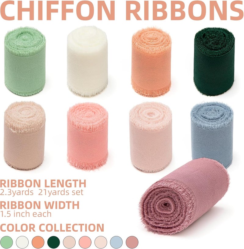 KEOSREE 9 Rolls Multicolour Handmade Chiffon Ribbon,1.5" x 21Yd Frayed Fringe Silk Ribbons (9 Rolls *2.3Yd) for Gifts Wrapping, Wedding Invitations, Bridal Bouquets, Decorations - Image 2